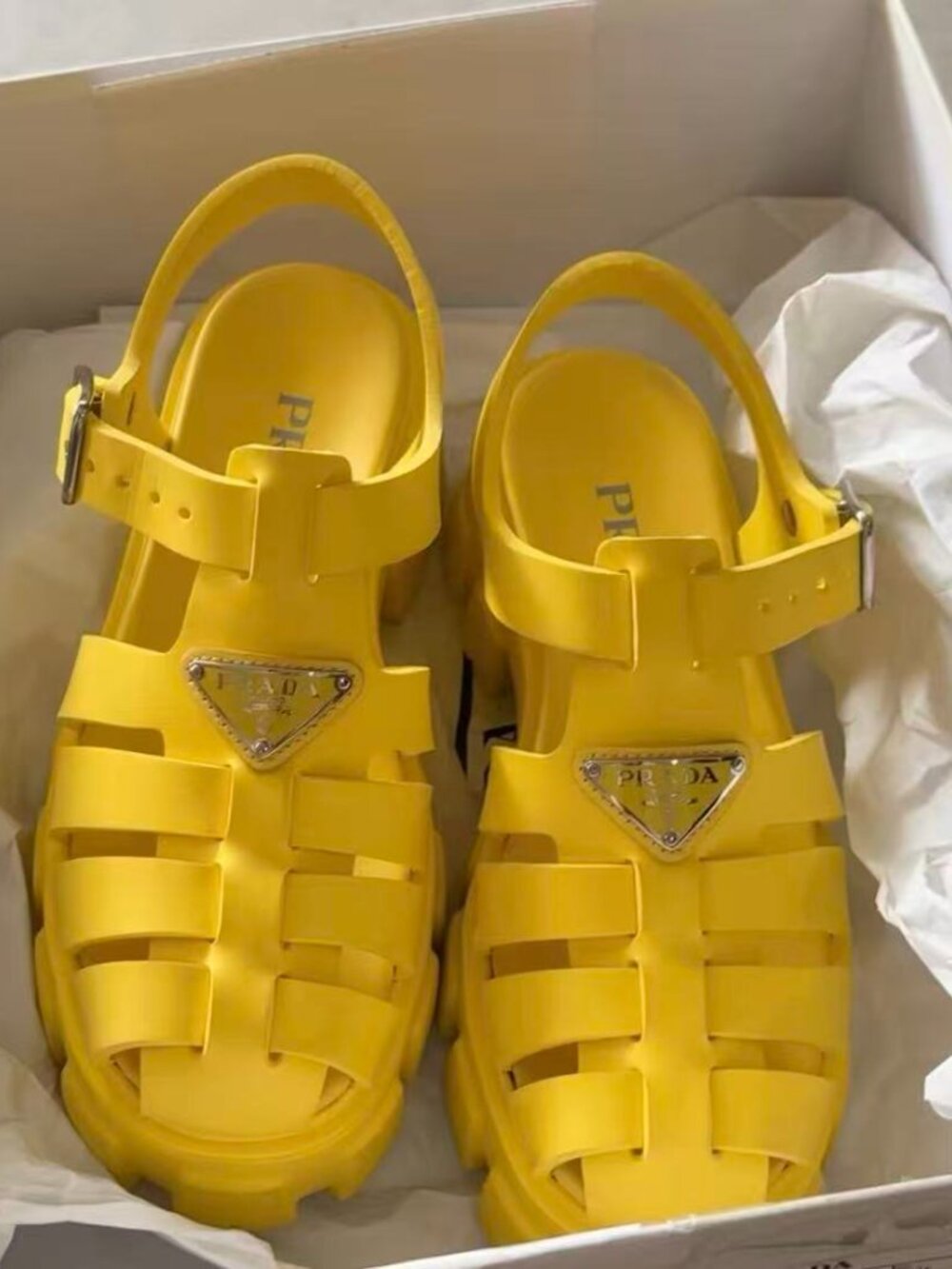 Prada Yellow Rubber Lug Sole Fisherman Sandals Triangle Logo Size 38